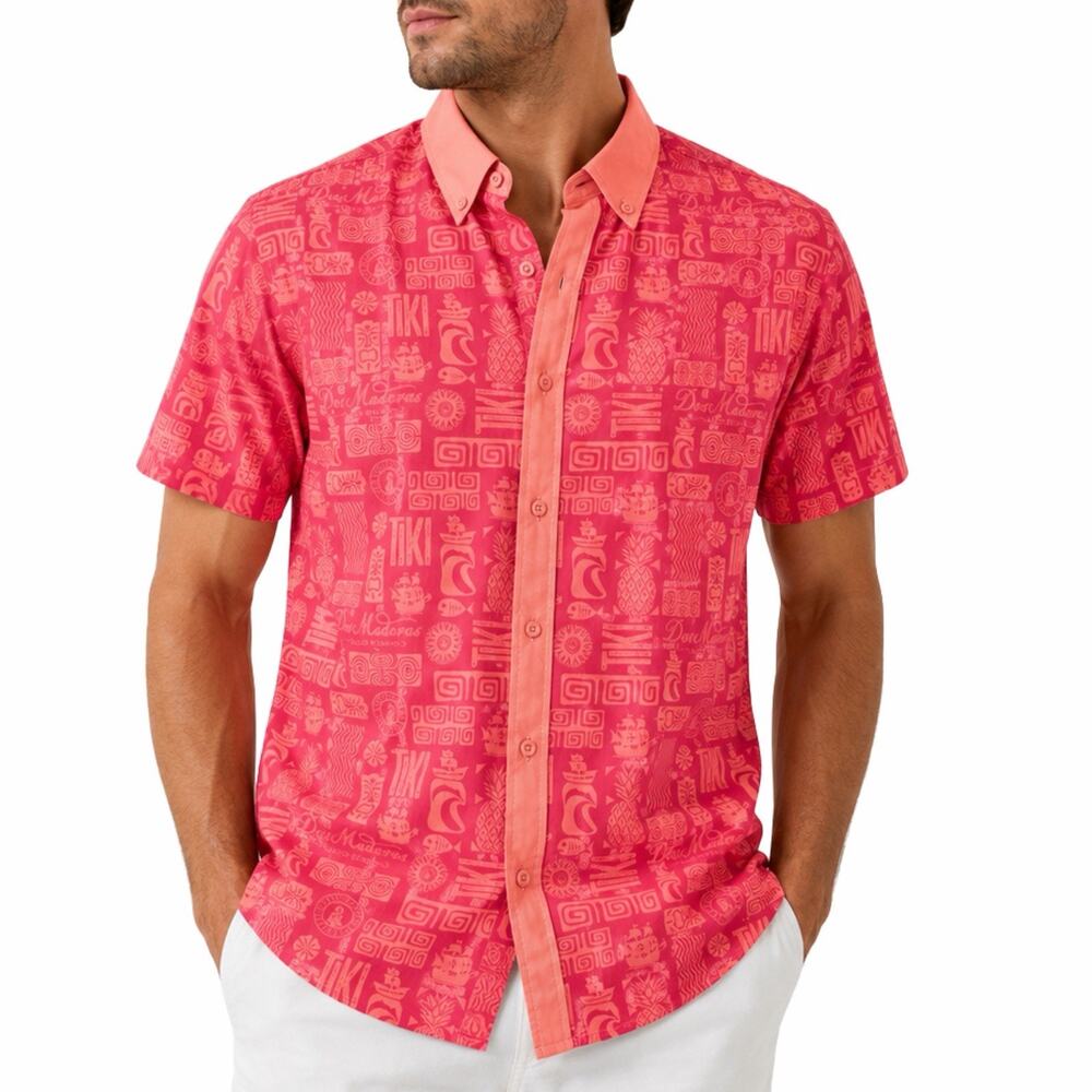 Dos Maderas Aged Rum Tiki Hawaiian Shirt Men’s Medium Pink Coral Button Up